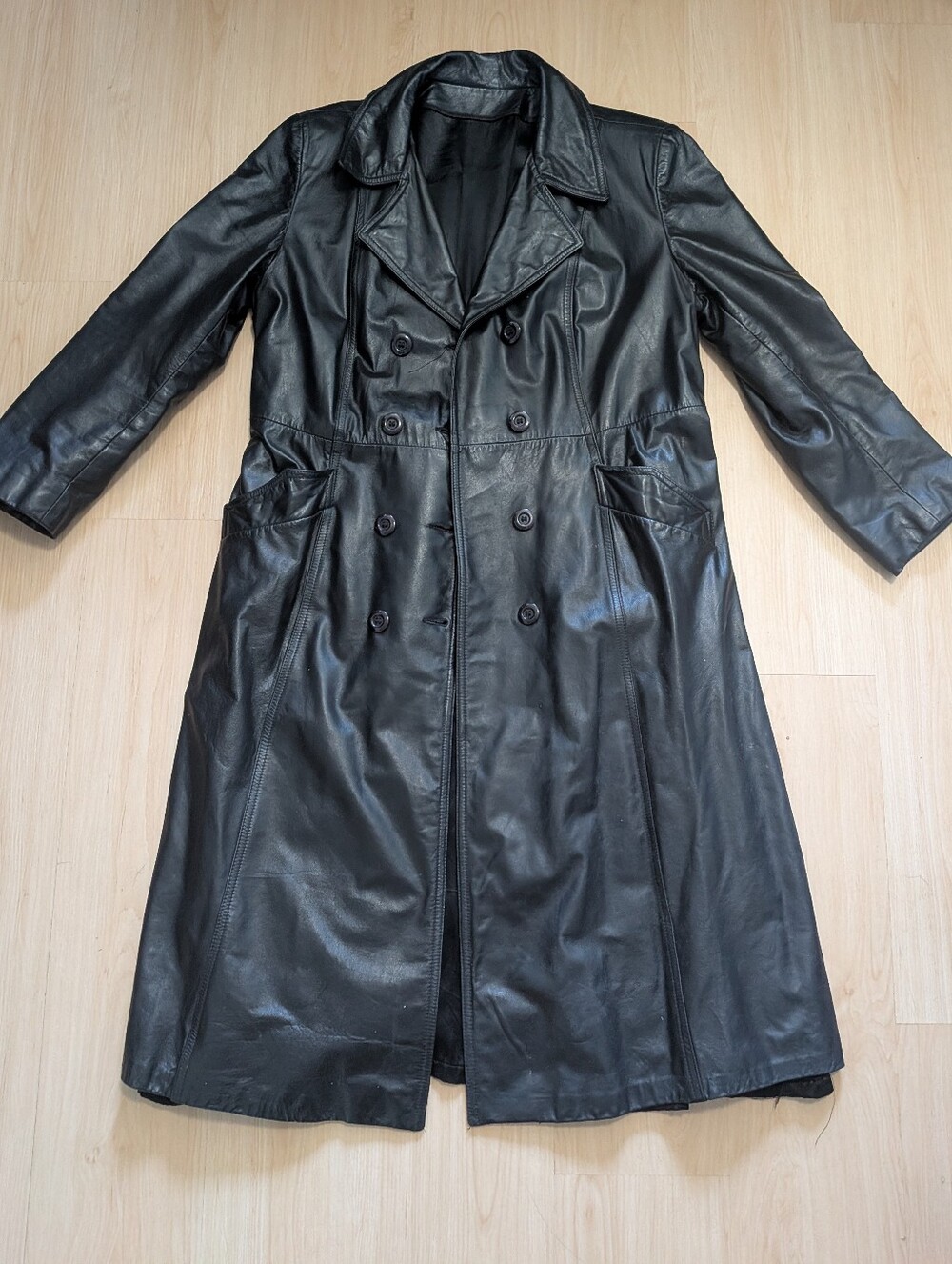 Vintage Black Leather Trench Coat - Double Breasted Long Duster Women's XL